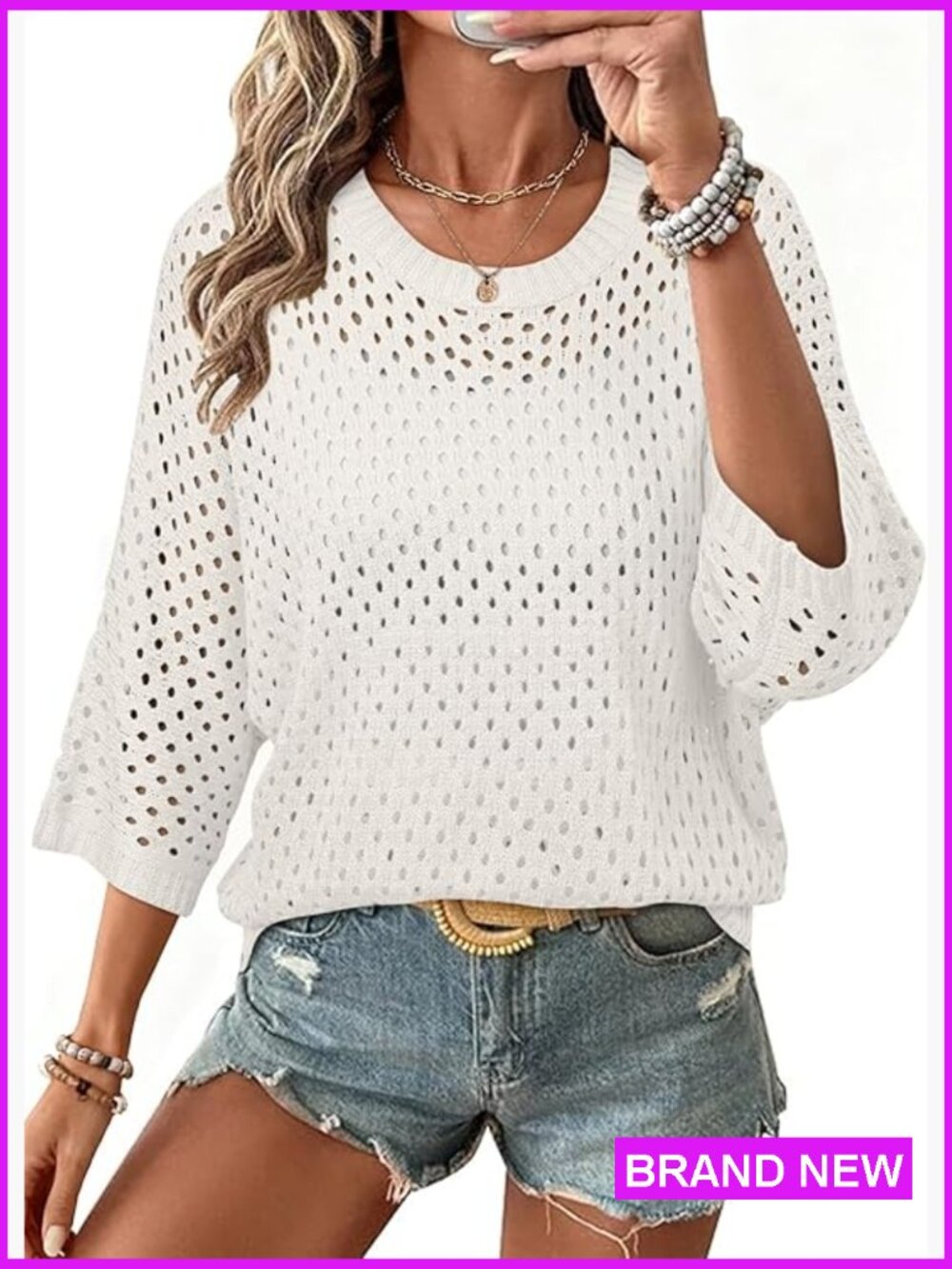 Crew Neck 3/4 Sleeve Crochet Sweater Knit Beach Cover Up Pullover